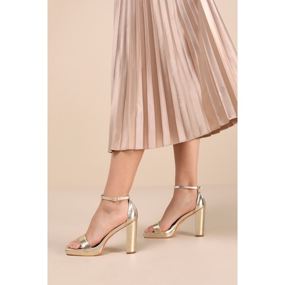 Lulus Signie Gold Square-toe Platform Ankle Strap Heels - Size 6.5